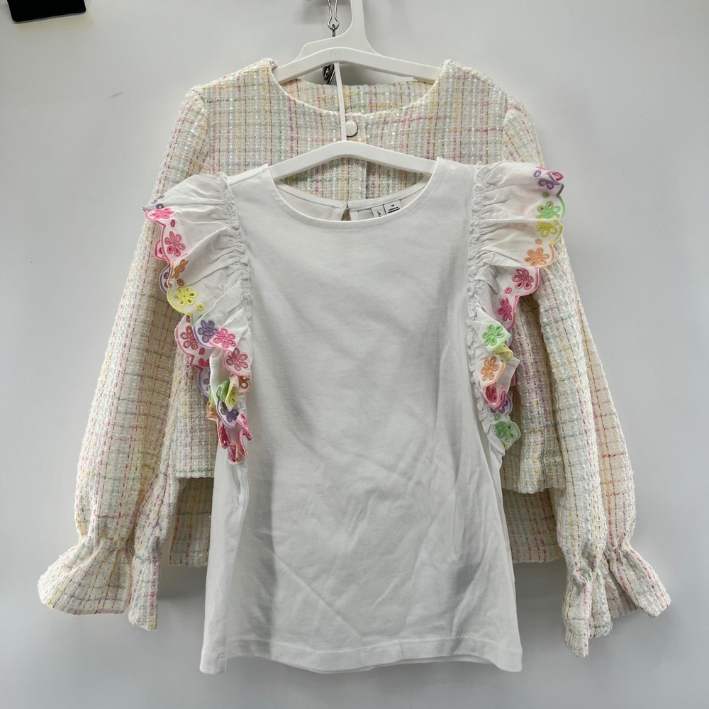 Janie and Jack 3pc Set Girls 10 White Tweed Jacket Shorts Floral Eyelet Cotton
